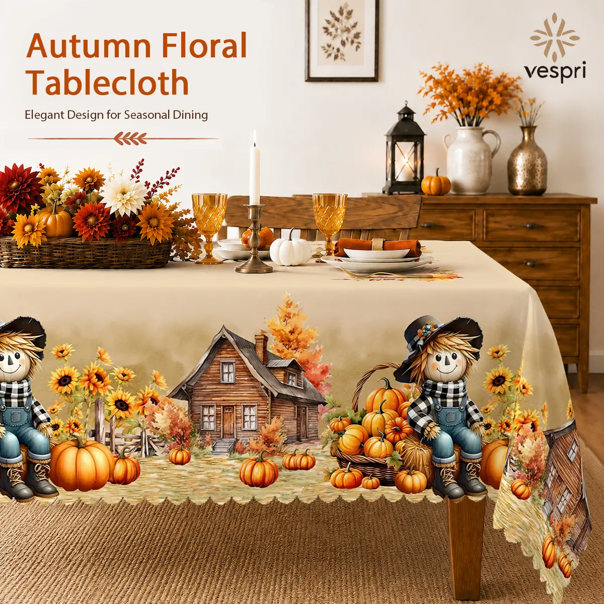 Harvest Scarecrow Tablecloth with Scarecrows, Pumpkins, Sunflowers and Farmhouse Scenes, polyester for Fall Decor and Thanksgiving Decor, Machine Washable, Multi-Size, Table Protection, Clearance Sale