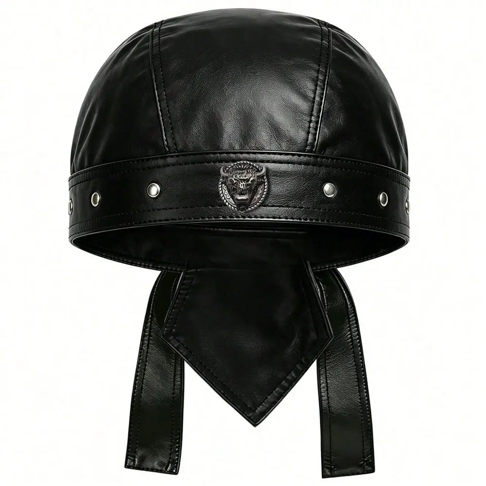 Men's Bull Leather Skull Cap Adjustable - Soft Punk Biker Cap For Men Men, Classic Motorcycle Skull Cap Leather Biker Hat For Unisex Men