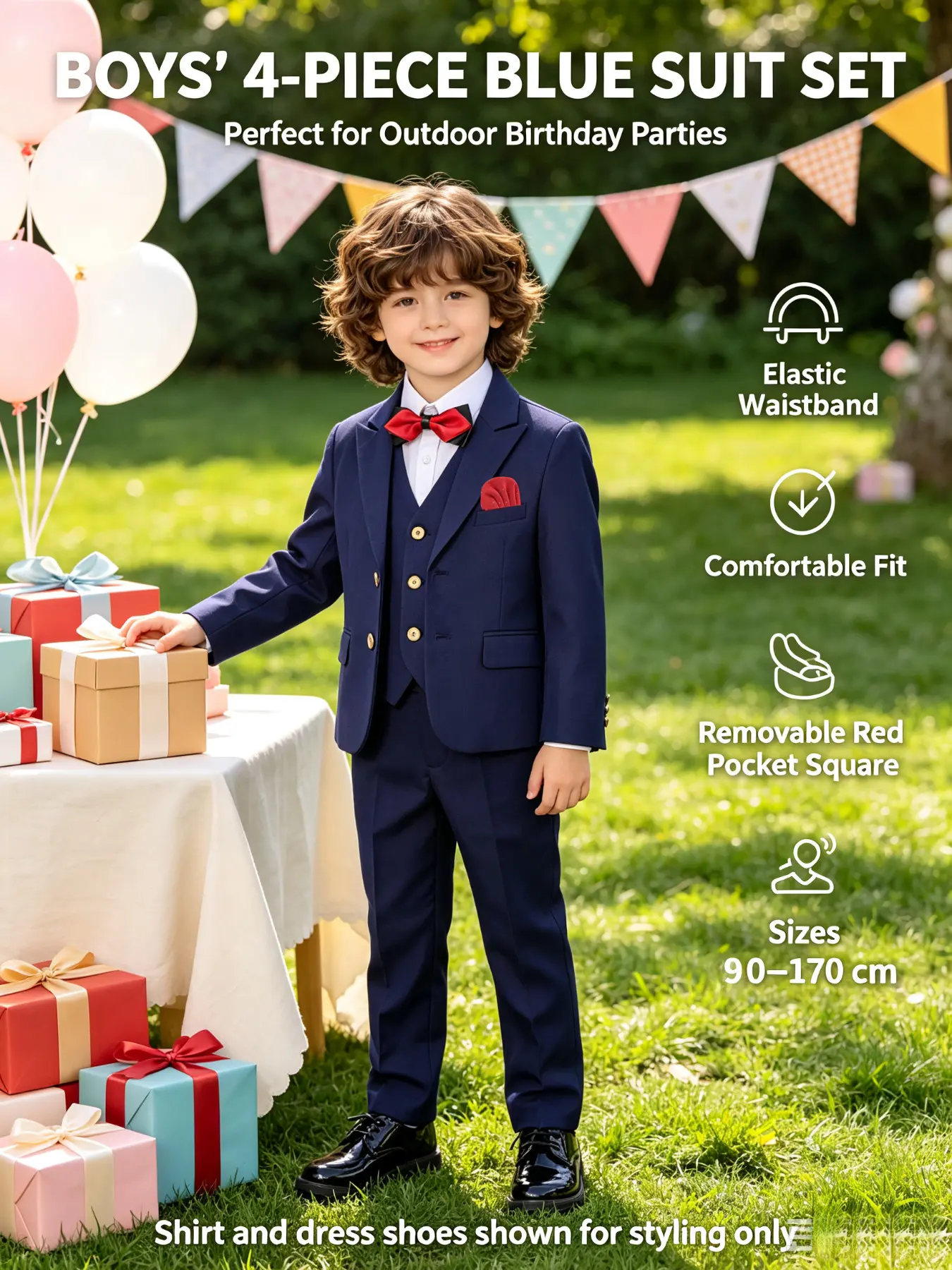 Boys Formal Suit 4 Piece Set, Kids Blazer Vest Pants Bow Tie with Removable Pocket Square, Elastic Waist Wedding Birthday Party Outfit for Toddler Teen Boys Sizes 90-170cm, 6 Colors Available