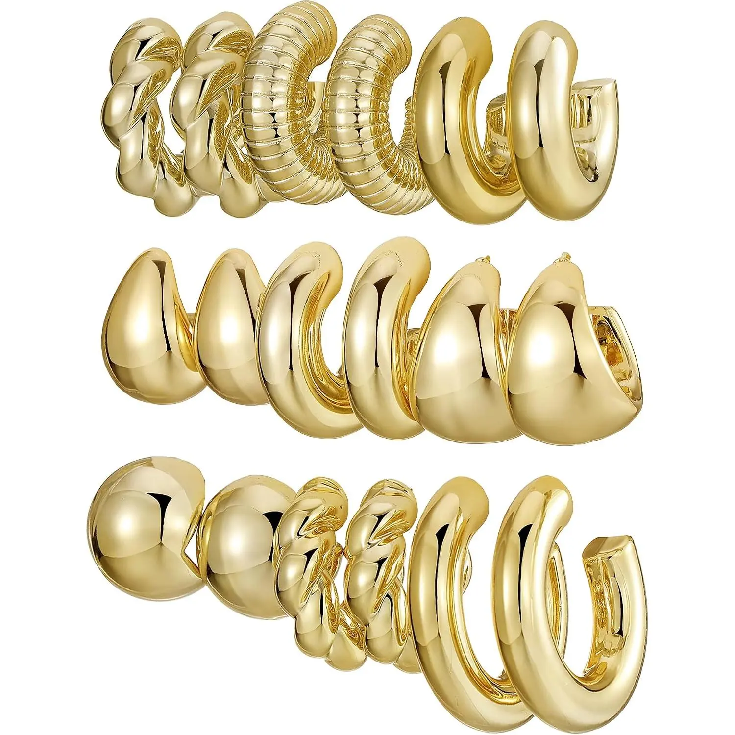 Women's 24-Pair Fashion Jewelry Party Earrings Set - Modern Chunky Twisted Hoops, Dangle Chain Female Set, Lightweight Synthetic Metal Daily Party Festival Earrings