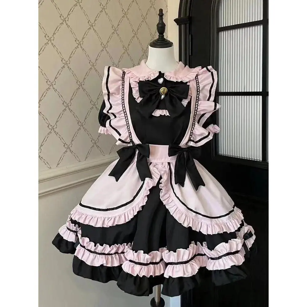 Japanese Kawaii Bow Lace Lolita Dress Women Sweet Cute Puff Sleeve Slim Pink Mini Dresses Female Pretty Fairy Princess Dress New