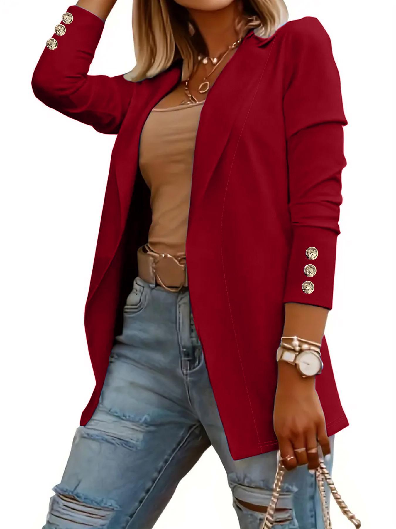 Women's Solid Button Lapel Neck Open Front Fitted Instant Classic Blazer, Casual Long Sleeve Outerwear for Spring & Fall, Ladies Clothes for Work Office Business Womenswear
