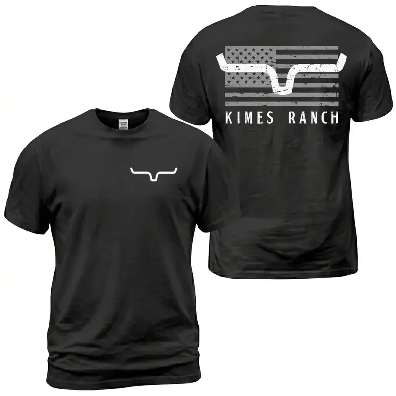 Oversized Two-Sided Western Bull Horn Flag Tee, Lightweight Cotton Vintage Distressed American Flag Graphic Short Sleeve T-Shirt, Black Minimal Country Basic Top, Viral Trendy Ranch Gift For Cowboy & Western Patriotic Culture Lovers