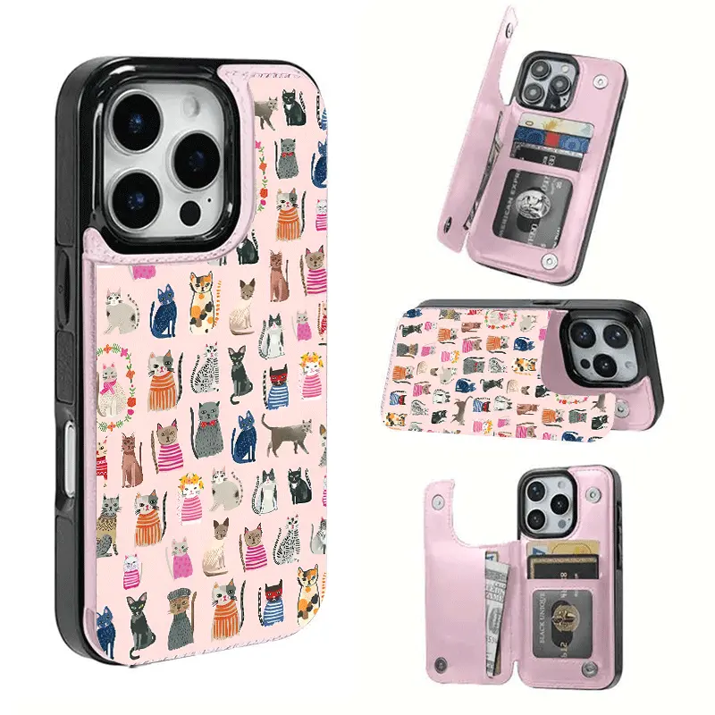 Pink Cat Pattern Card Holder Case, This phone case features a card slot function, can store bank cards, transit cards and other cards, suitable for iPhone 17/16/15/14/13/12, and makes a great gift for girls.