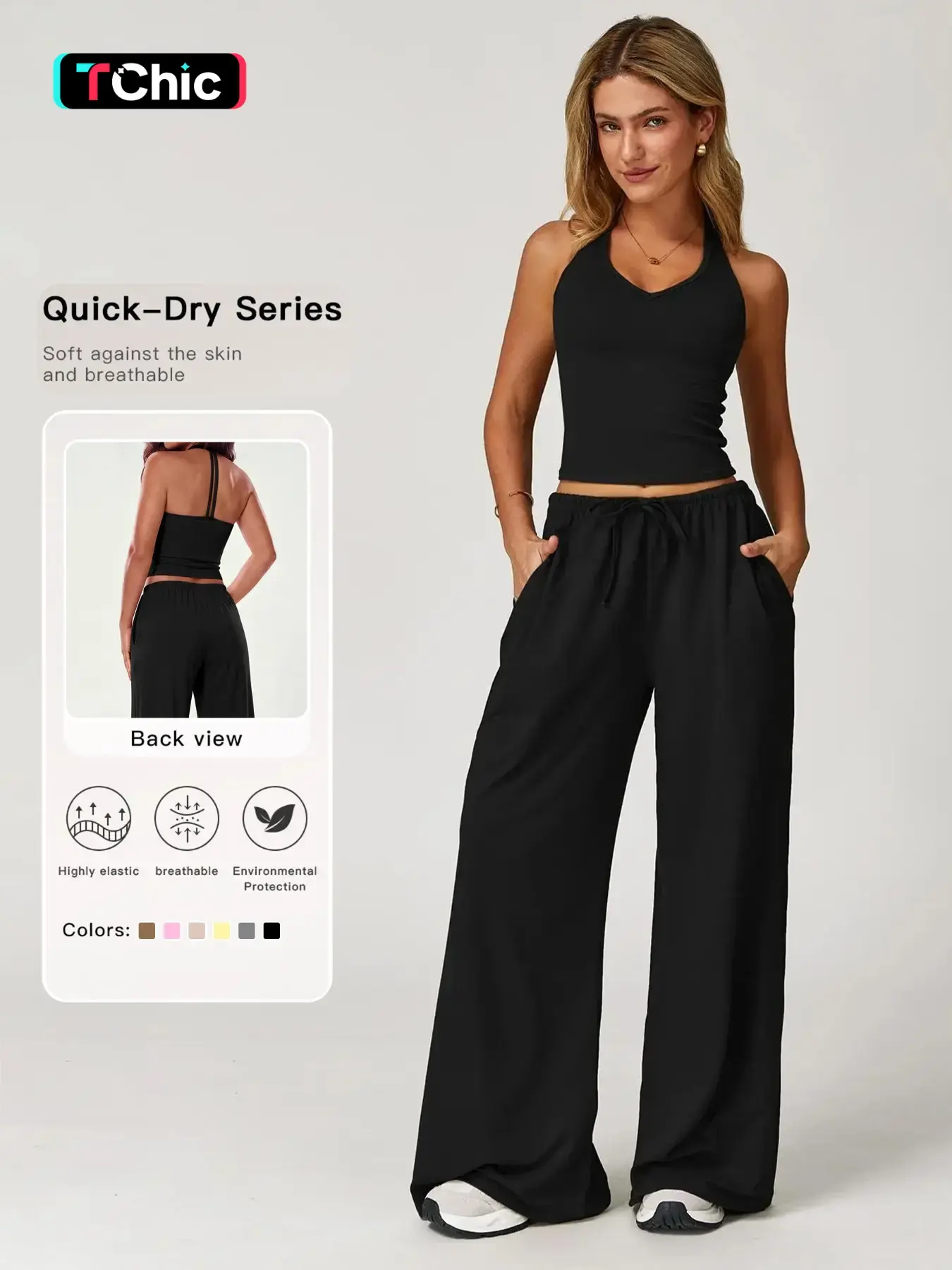 Women's Solid Color Sports Set, Strapless Vest Top & Casual Pants, Perfect for Spring & Fall Seasons, Comfortable & Stylish, Sport Casual Outfit