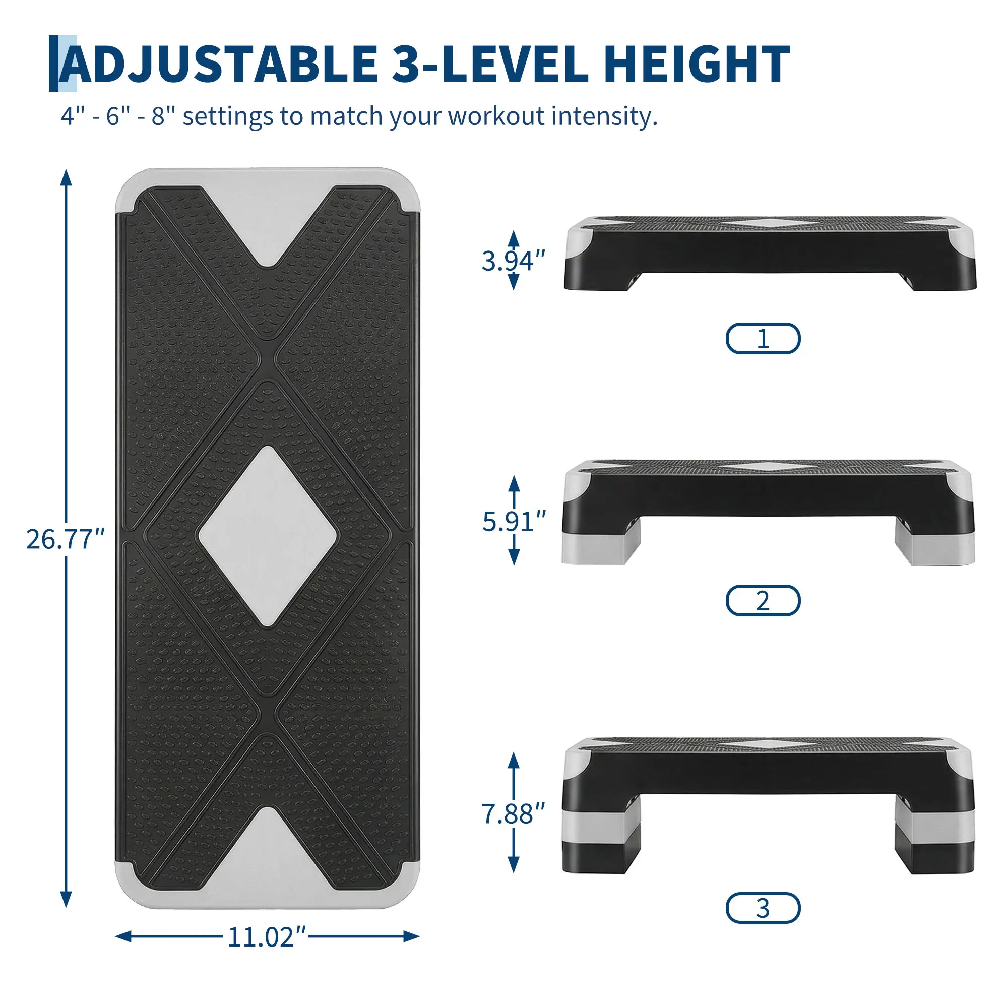 3-in-1 Adjustable Aerobic Step Platform, 4"/6"/8" Height Settings with Risers, Extra-Large Non-Slip Surface, Heavy-Duty Rock-Solid Construction for Home Workout Cardio HIIT Step Aerobics Full-Body Training