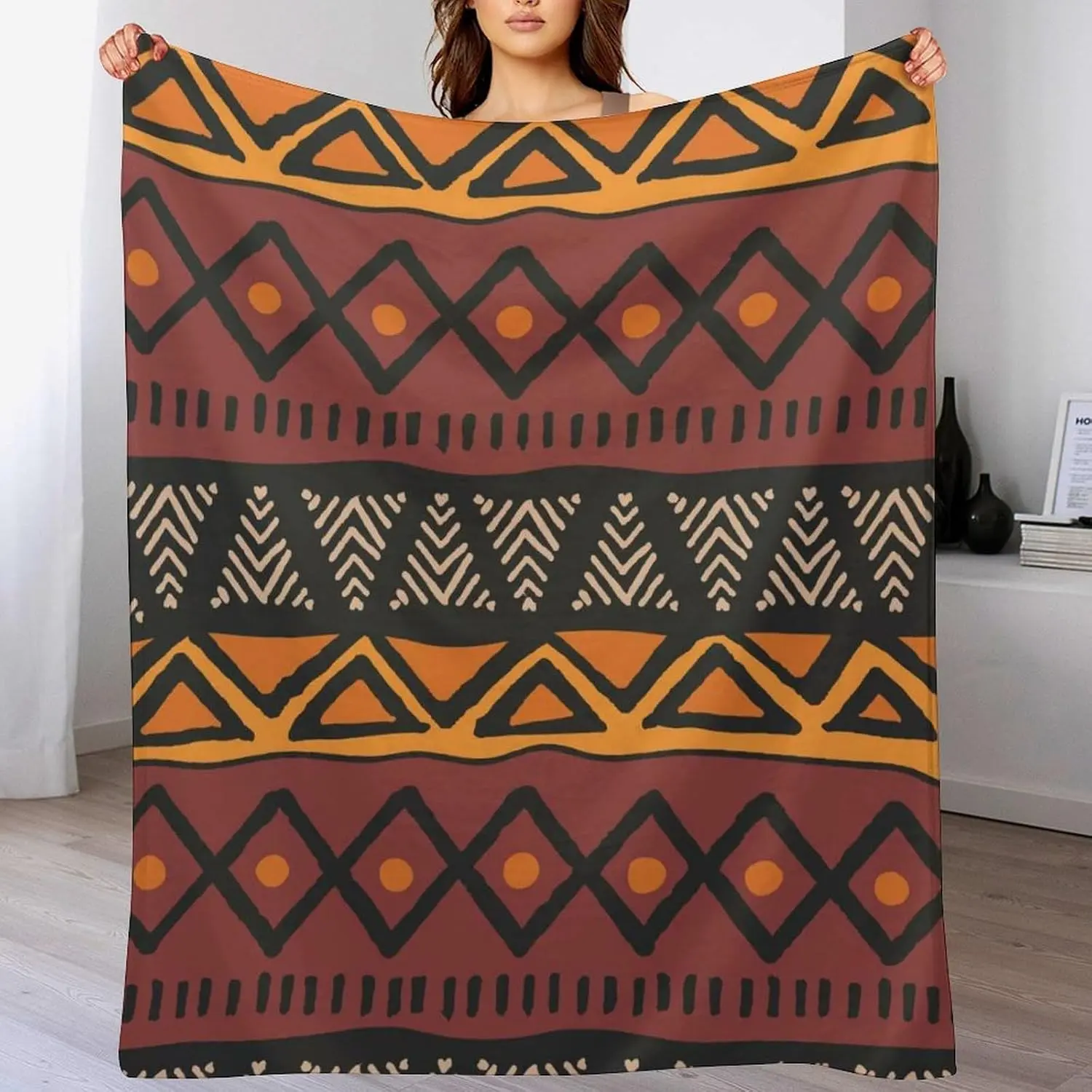 1PC African-style blanket, Bohemian brick-red traditional tribal African geometric patterns, soft and cozy flannel blanket, perfect for sofa or bed, great as a gift for couples, men, women, or adults