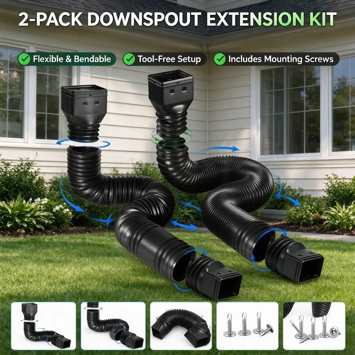 2 Pack Telescoping Black Gutter Downspout Extender Set, 21-68 Inch Adjustable Plastic Rain Diverter with Mounting Screws for Home Foundation & Yard Protection