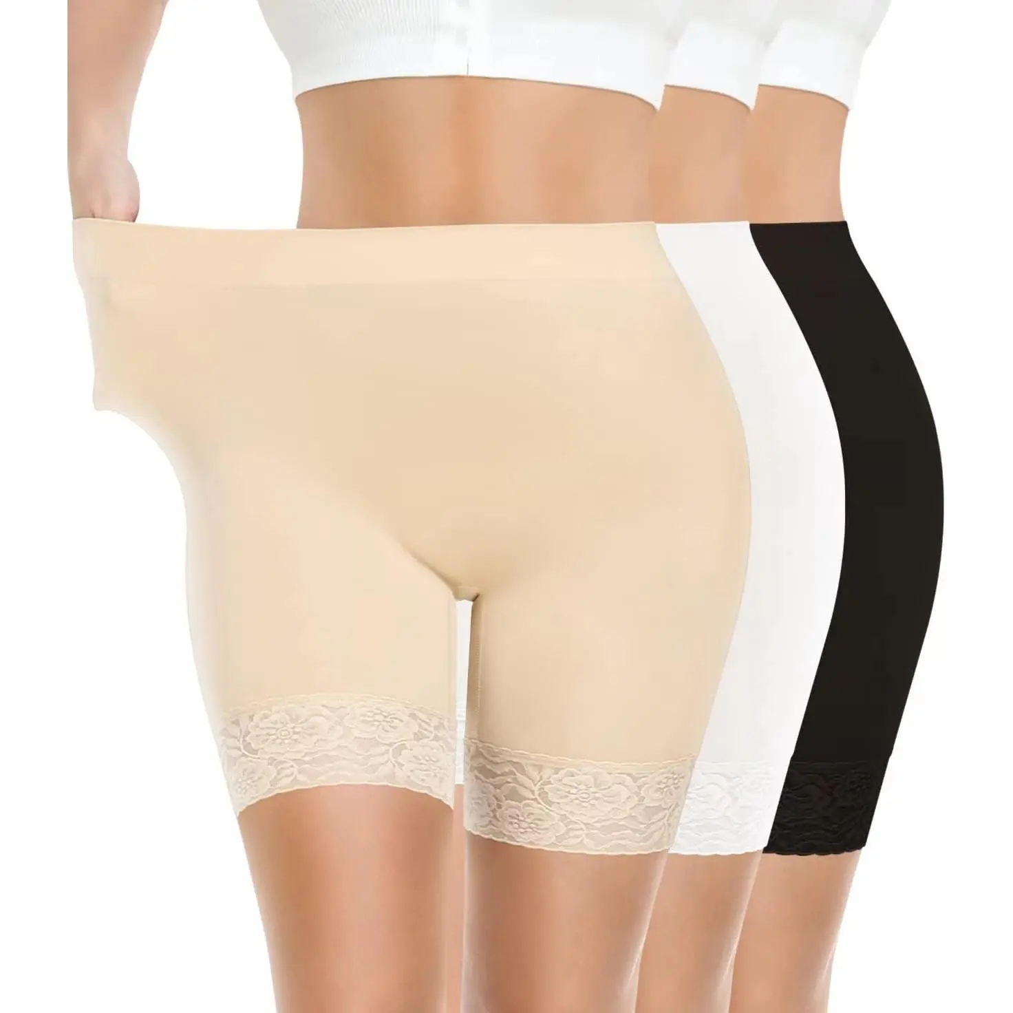 Women's 3-Pack Lace Slip Shorts - Smooth, Seamless Anti-Chafing Safety Boyshorts for Under Dresses, Skirts - Skinny, Workout, Casual Shapewear Underwear