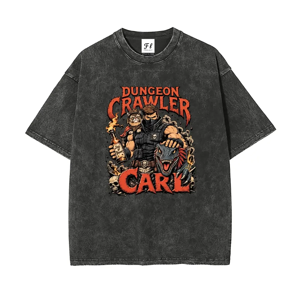Dungeon Crawler Carl T-Shirt Fantasy LitRPG Novel Graphic Tee Vintage Acid Wash Heavyweight Cotton Crewneck Casual Oversized Y2K Grunge Anime Streetwear Top