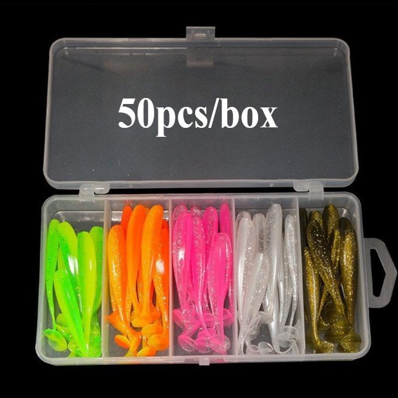 50pcs/100pcs/150pcs Fishing Bait Set, Artificial Fishing Lure, Fishing Lures Kit, Outdoor Fishing T-tail Two-color Bait with Portable Tackle Box, Fishing Tackle Kit