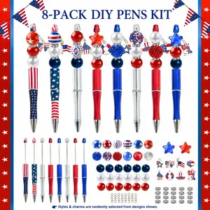 8Pcs 4th of July DIY Beaded Pens Kit (includes 2 random style pens), Patriotic Independence Day Beadable Ballpoint Pens Set, Red White Blue USA Flag Craft Supplies, Aesthetic Pens