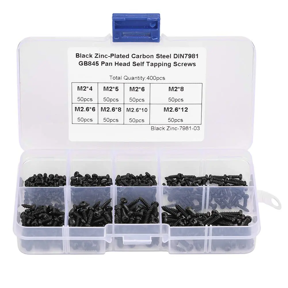 400 count M2/M2.6 Self Tapping Screws Black  Self Apping Screw | Self Tapping Screw Combination Kit Suitable for Glasses Frames  Instruments Small Mechanical Equipment