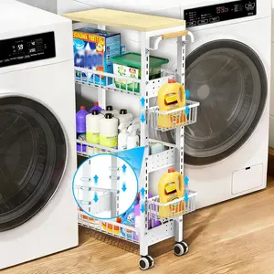 7.8 Inch-Slim 4-Tier Rolling Cart with Shelves - Lockable Wheels & Wooden Top for Spaces Between Washer/Dryer,, Organization (White)