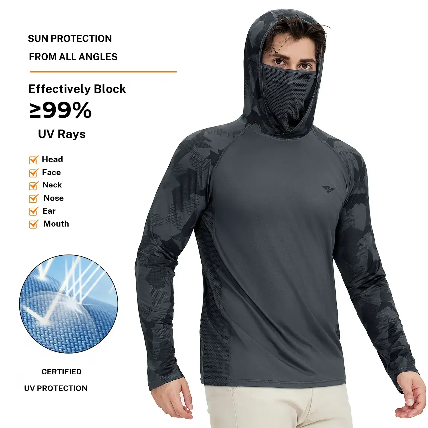 【RODEEL】915 Sun Hoodie Shirts w/ Mask Neck Gaiter Men UPF 50+ UV Protection Long Sleeve Lightweight Quick Dry Moisture Wicking Breathable Athletic Activewear for Outdoor Fishing Boating Hiking Construction Roofing Landscaping SummerWins