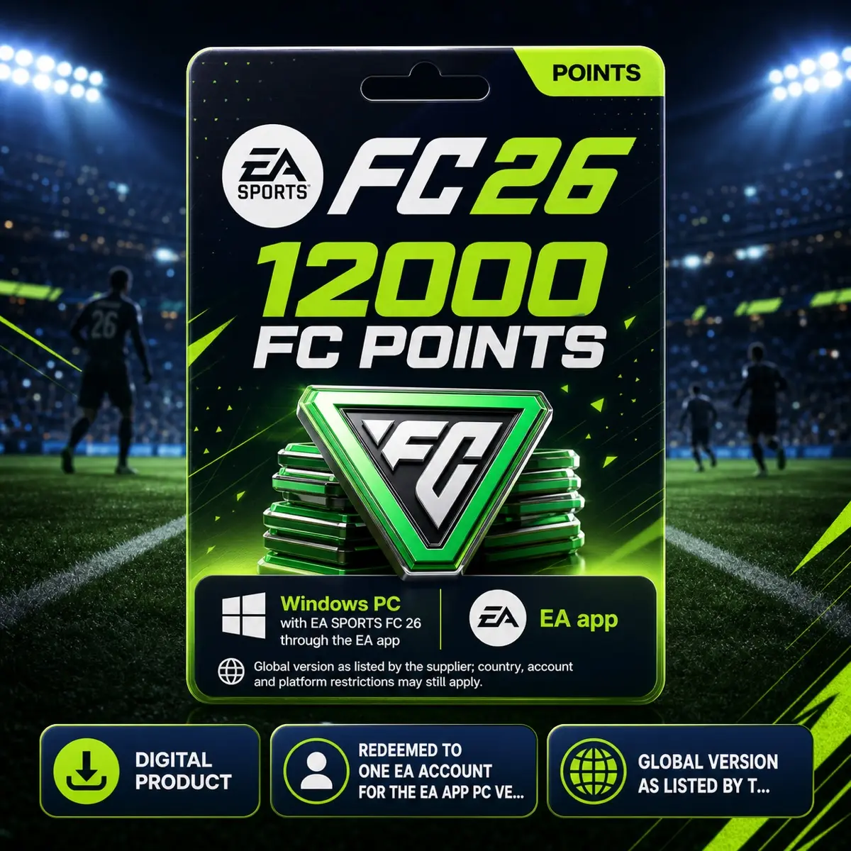EA SPORTS FC 26 — 12000 FC Points Digital Code for EA app, Points, Windows PC with EA SPORTS FC 26 through the EA app, EA app, Global version as listed by the supplier