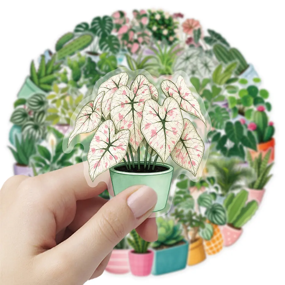 50pcs Green Potted Plant Graffiti Stickers Made of Transparent PET Material, Waterproof DIY Creative Decorative Stickers Suitable for Luggage, Phone Cases, Laptops, Helmets and Skateboards