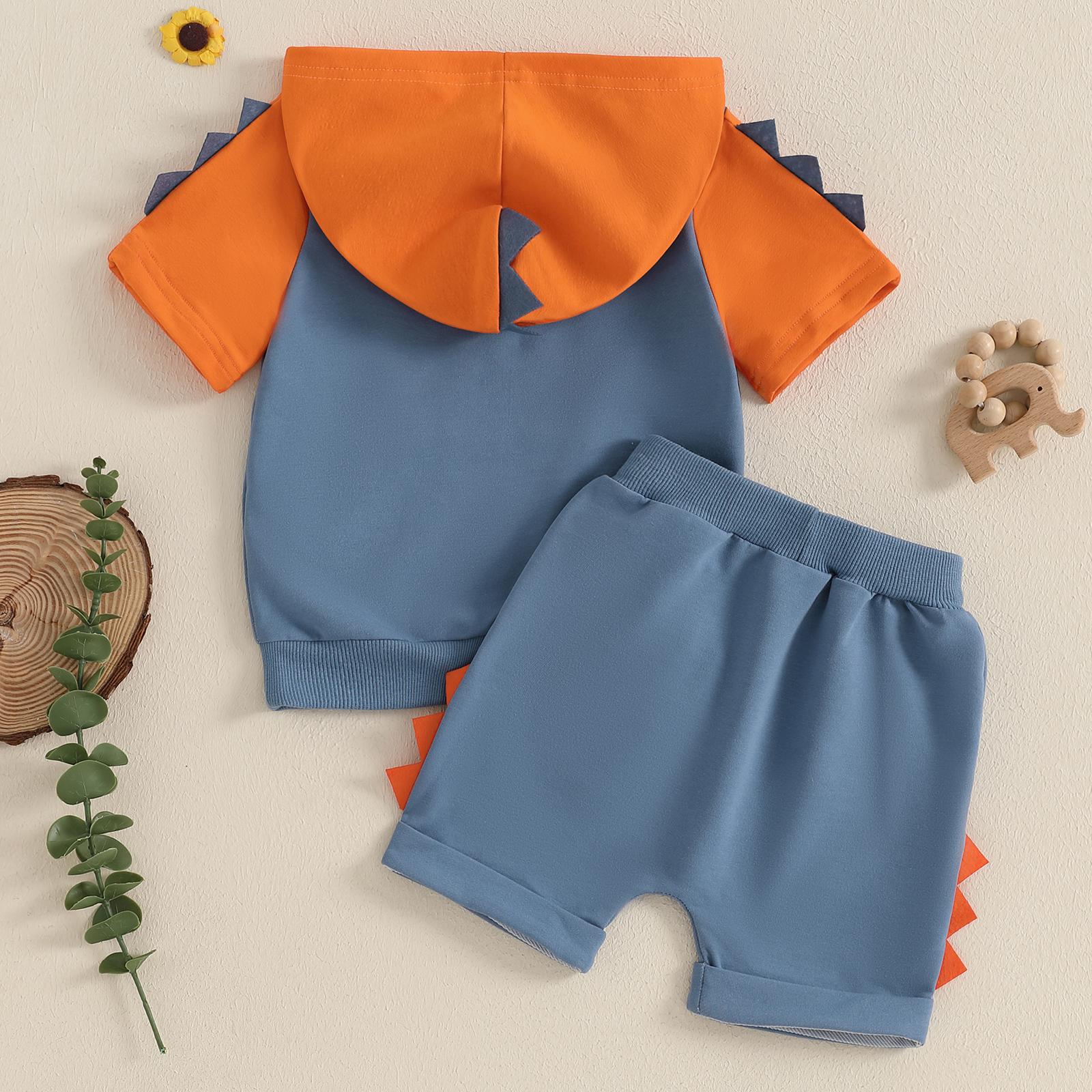 Toddler Baby Boy Summer Outfit Hooded Dinosaur  Funny Contrast Short Sleeve Shirt Shorts 2Pcs Set Infant Summer Outfit Dinosaur Clothes