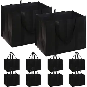 Set of 10 Reusable Grocery Bags Extra Large Foldable Heavy Duty Shopping Tote Produce Bag with Reinforced Handles, Black