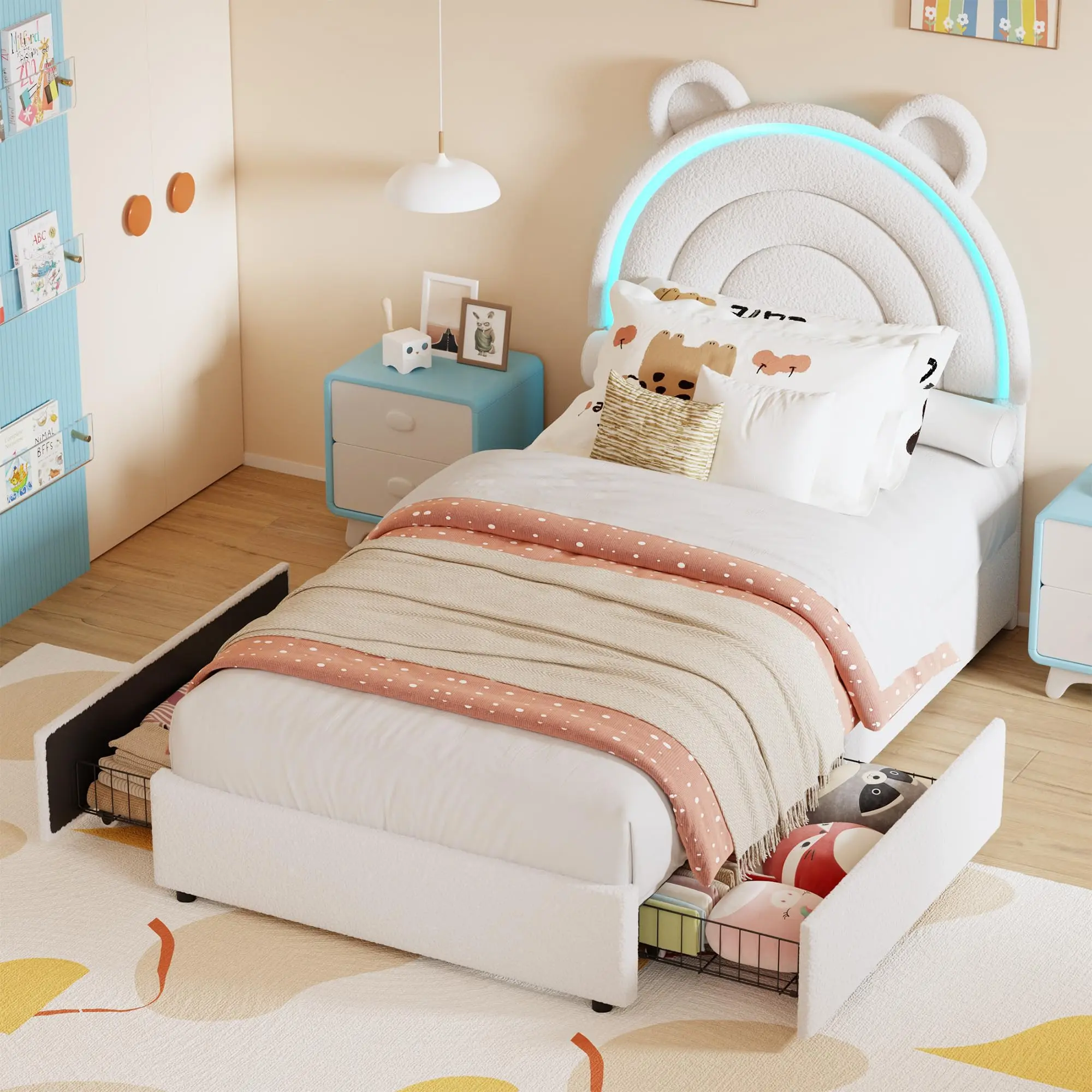 LED Rainbow Headboard Twin Bed Frame – Upholstered Velvet Platform with 2 Storage Drawers, Sturdy Wood Slats, No Box Spring Needed, for Kids, Girls, Boys