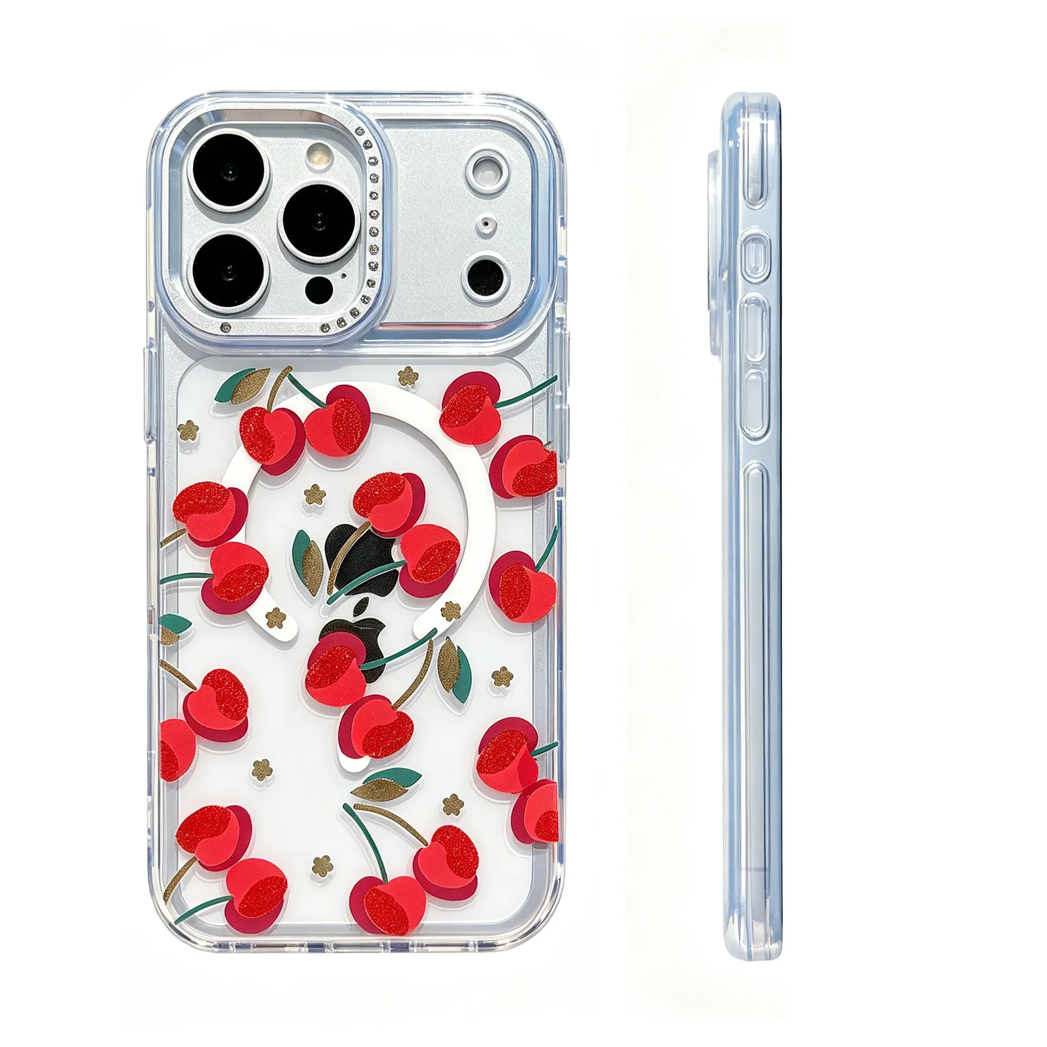 (Case & Nova.)Cute Bow Floral Cherry MagSafe Clear Phone Case, Rhinestone Diamond  Lens Frame Shockproof Transparent Protective Cover for iPhone 17 Pro Max, 16 Plus, 15, 14, 13 Pattern Soft solid color skin-feeling silicone durable protective case