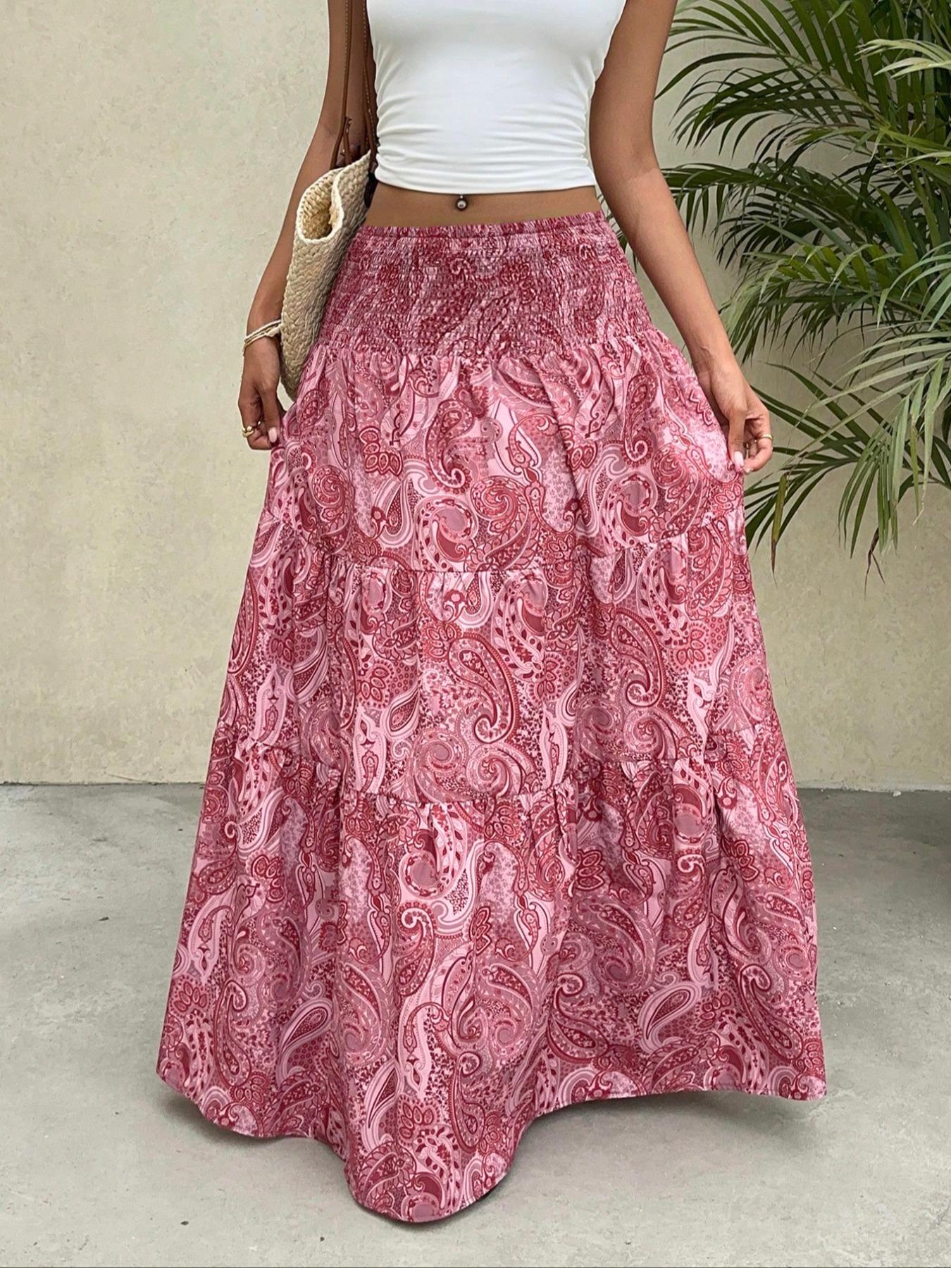 Women's Paisley Print Boho Maxi Dress, Fitted Waist Long Skirt, Comfortable All-Season Woven Fabric, Perfect for Vacation & Casual Wear, Casual Comfy Skirt