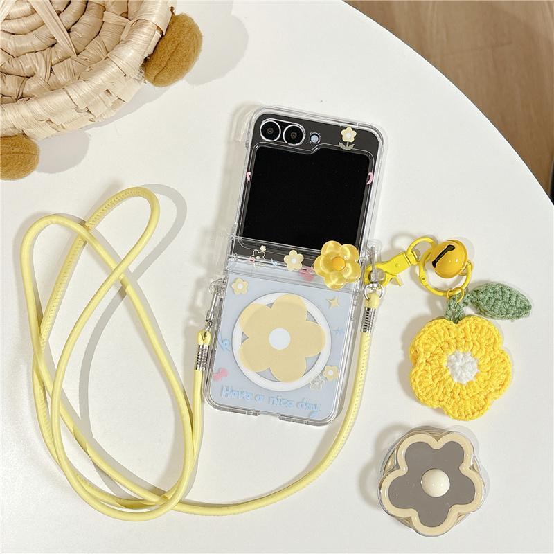 Cute Small Flower Magnetic Phone Case For Samsung Galaxy Z Flip 7 6 5 Flip6 Flip7 Cover with Magsafe Stand Lanyard Cases Funda
