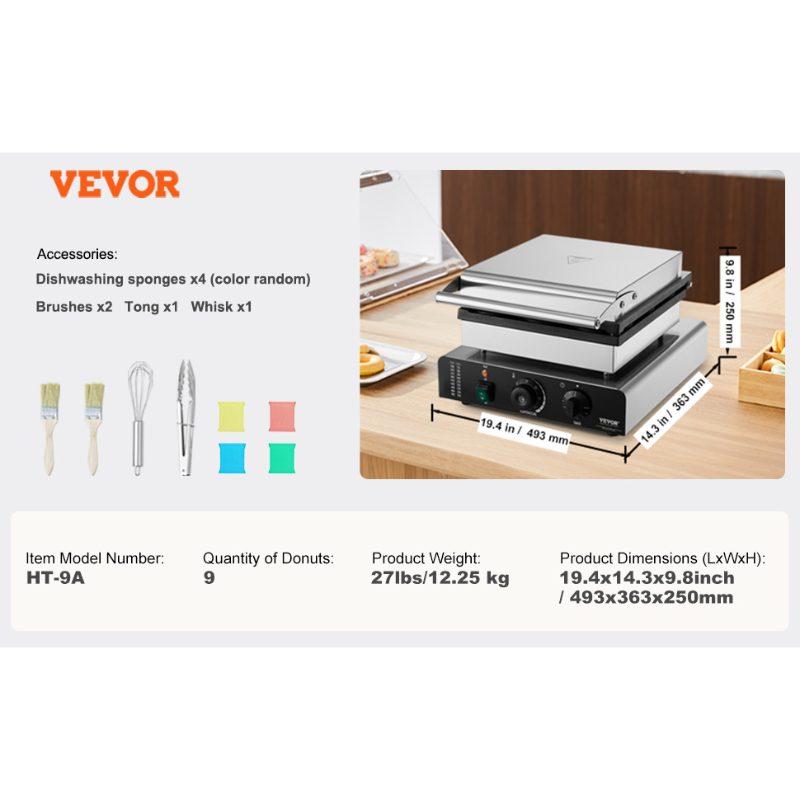 VEVOR Electric Donut Maker, 2000W Commercial Doughnut Machine with Non-stick Surface, 9 Holes Double-Sided Heating Waffle Machine Makes 9 Doughnuts, Temperature 122-572, for Restaurant and Home Use