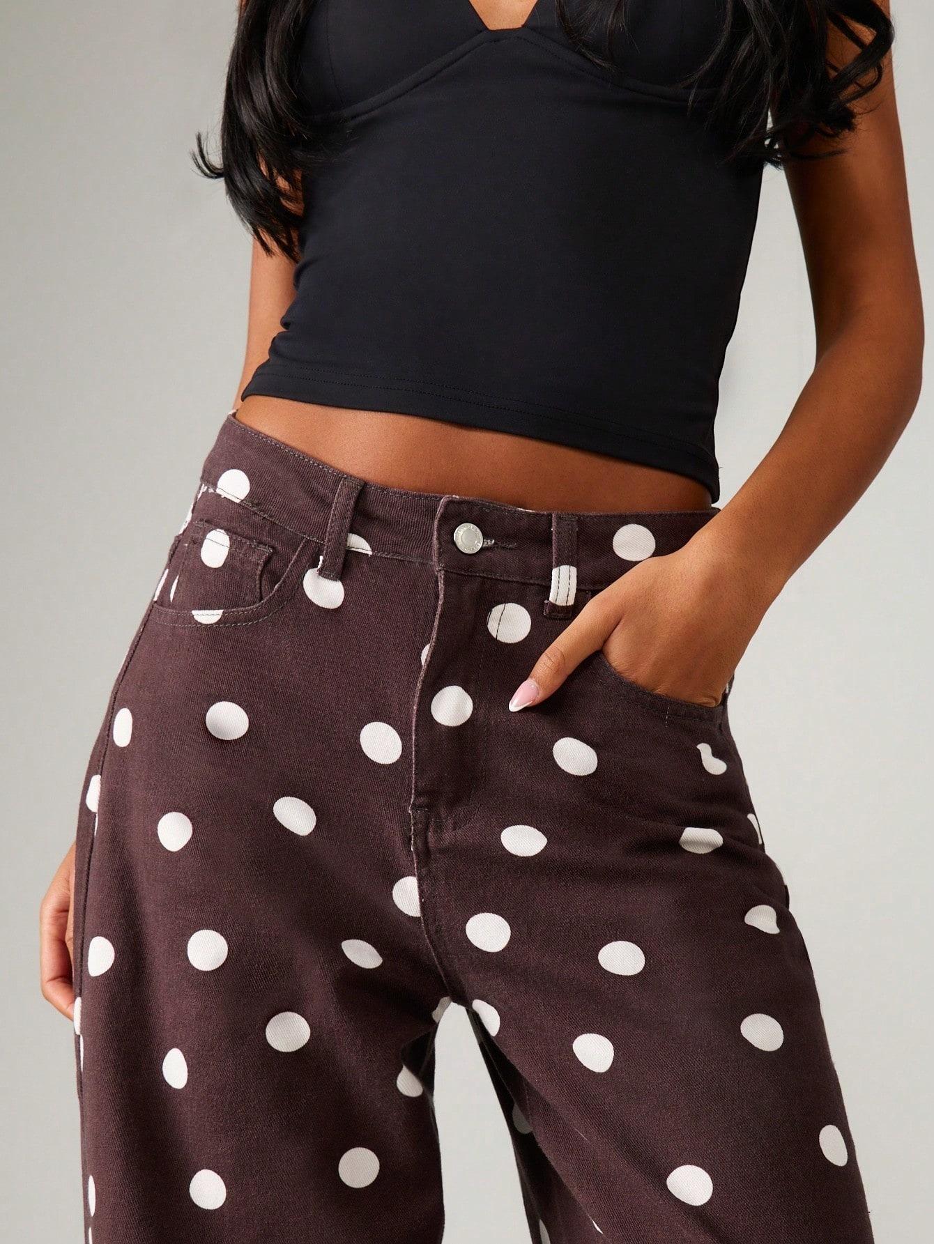 Women's Casual High-Waisted Stretch Polka Dot Straight-Leg Jeans with Pocket, High Waisted Retro Style Jeans, casual and versatile, vintage burgundy