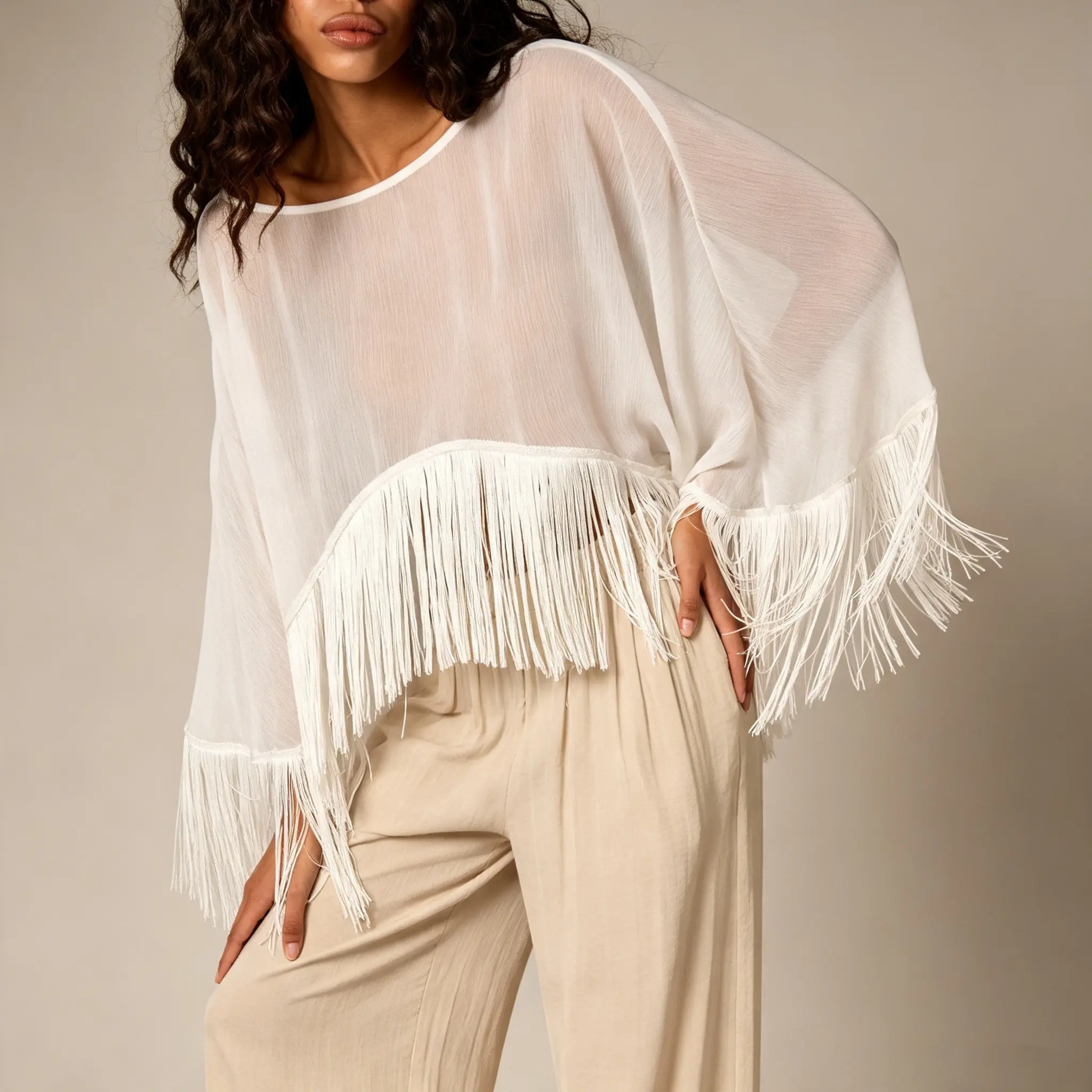 Women's Sheer Chiffon Fringe Poncho Cover Up Off Shoulder Loose Batwing Sleeve Tassel Cropped Blouse Boho Beach Vacation See Through Shawl Top