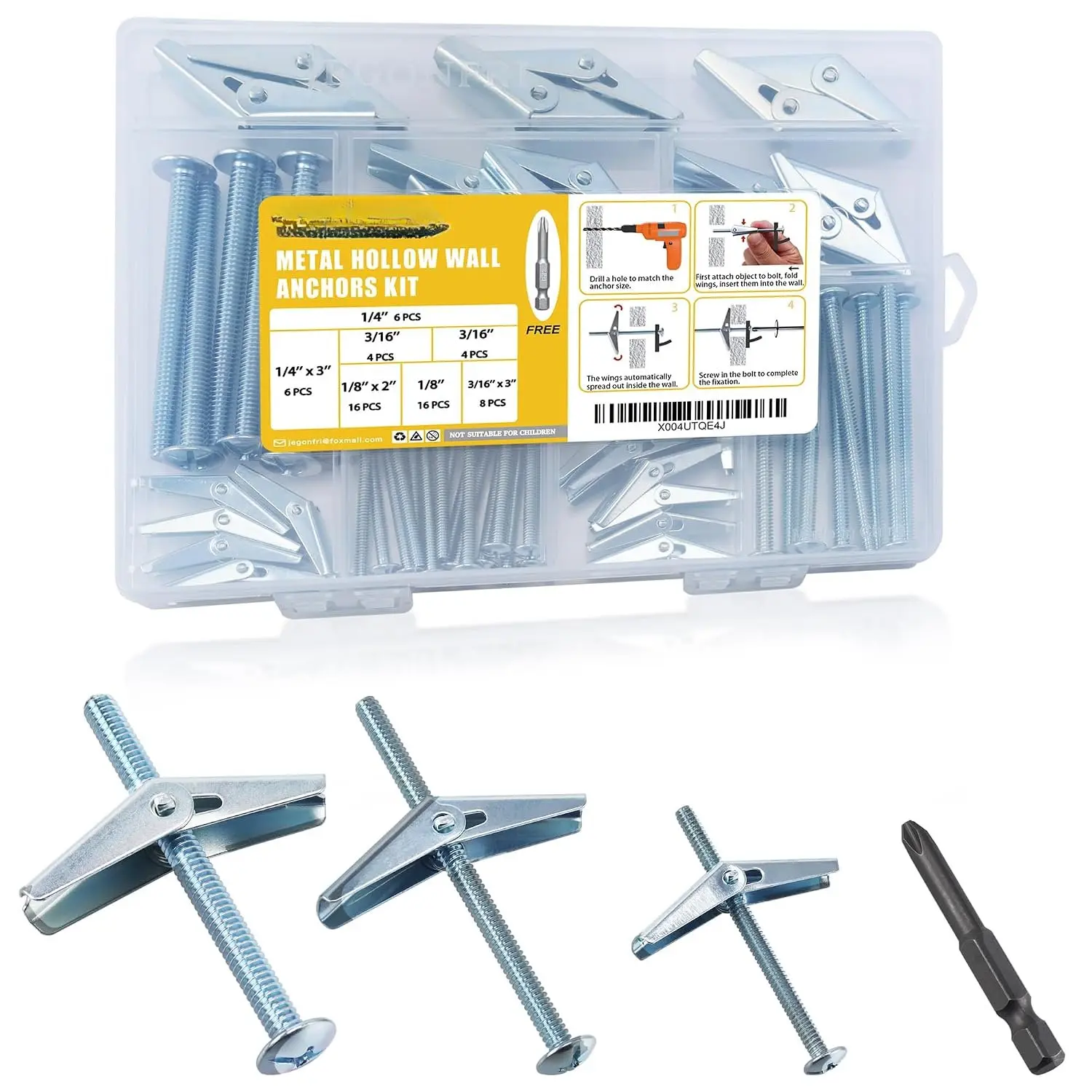 Toggle  for Drywall, 30 Sets Hollow Wall Anchors Kit with Driver Bit, Metal Heavy Duty Drywall Anchors for Ceiling, Shelves & Lights, Wing Nut Design, 3 Sizes (1/8", 3/16", 1/4")