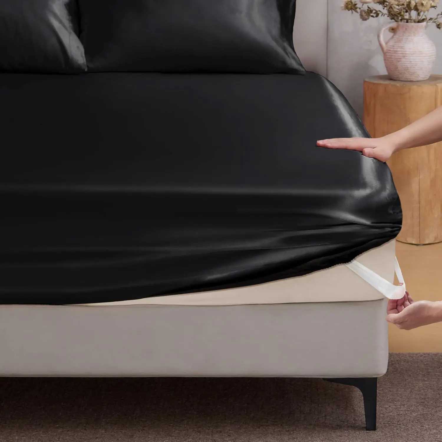 Fitted Sheet Queen Size with Elastic Corner Straps, Luxury Soft Silk-Like Bed Sheet for Hair & Skin, 1 Deep Fitted Sheet Only Fits 15" Mattress, Fade & Wrinkle Resistant, Black