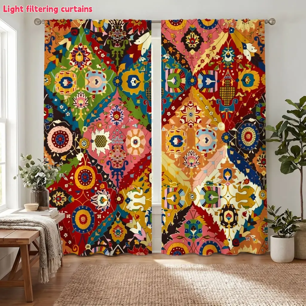 2Pcs Bohemian Pattern Curtains, Patchwork Design, Digital Printing for Living Room, Bedroom, Home Decor