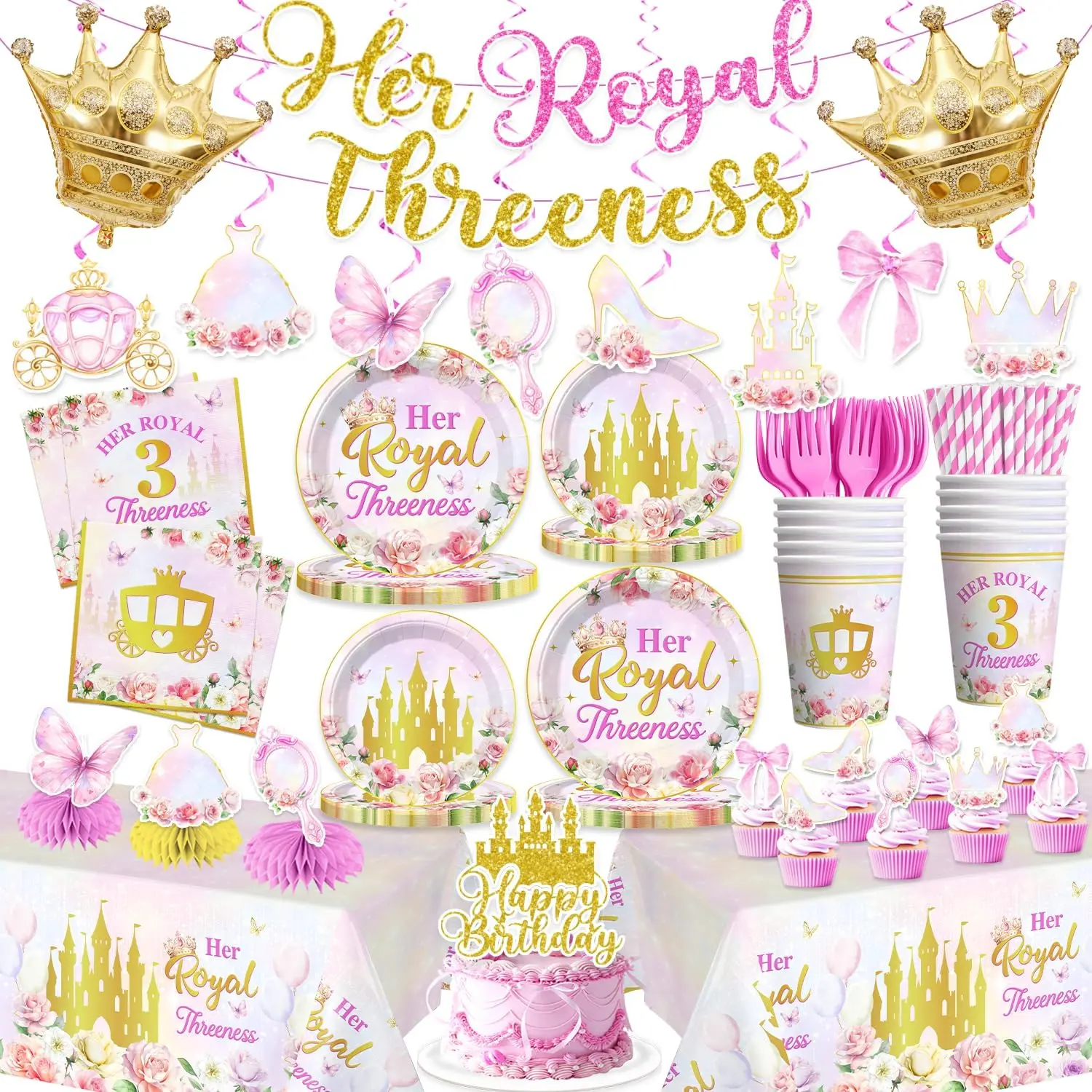 193pcs Princess Theme Waterproof Plastic Mix Party Supplies Set, 25-Serve No-Assembly Disposable Plates & Napkins, Cake Topper, Centerpieces, Banner, Tablecloth for Girls' 3rd Birthday Party Setup, Water Proof
