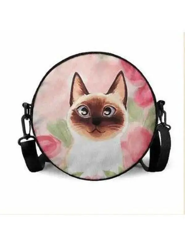 Kawaii Cat Print Round Crossbody Bag for Women, Lightweight Nylon Shoulder Purse with Adjustable Strap, Compact for Everyday Use, Nylon Fabric, Compact Fit