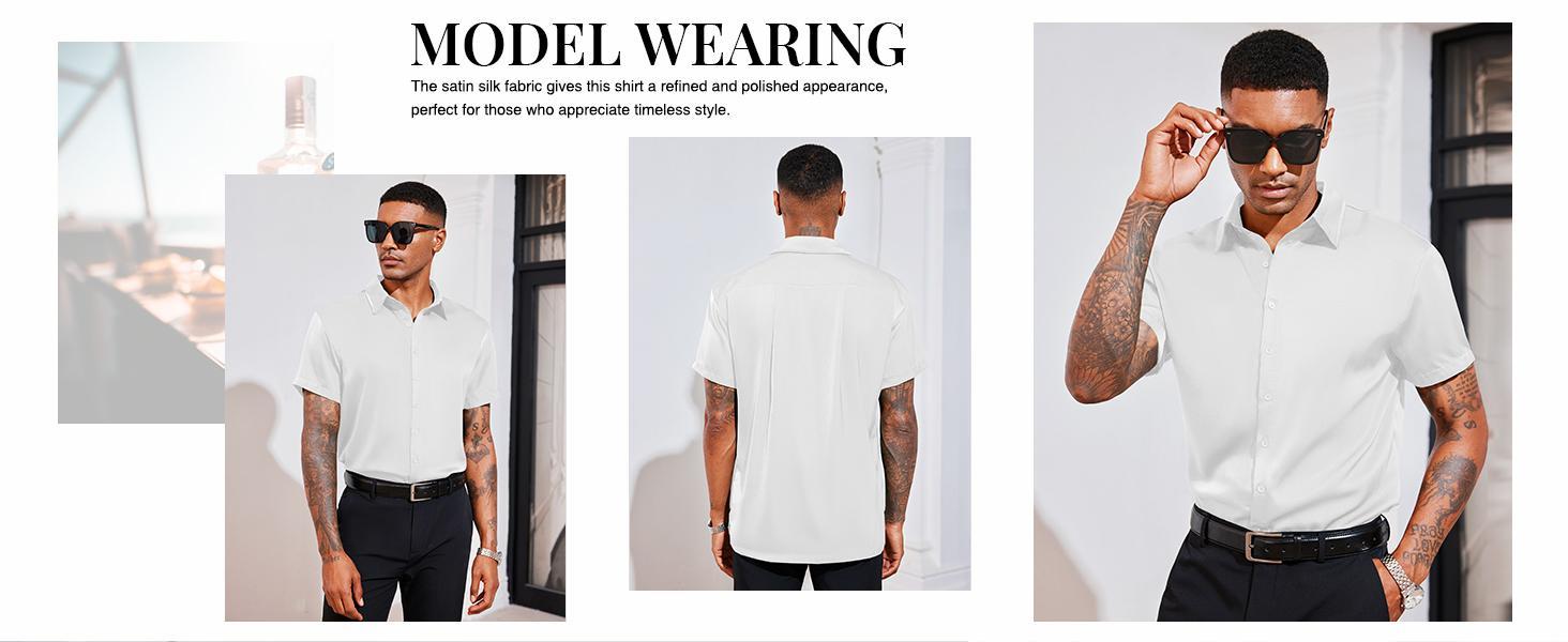 PASLTER Mens Luxury Satin Silk Dress Shirts Casual Button Down Short Sleeve Prom Party Wedding Shirt