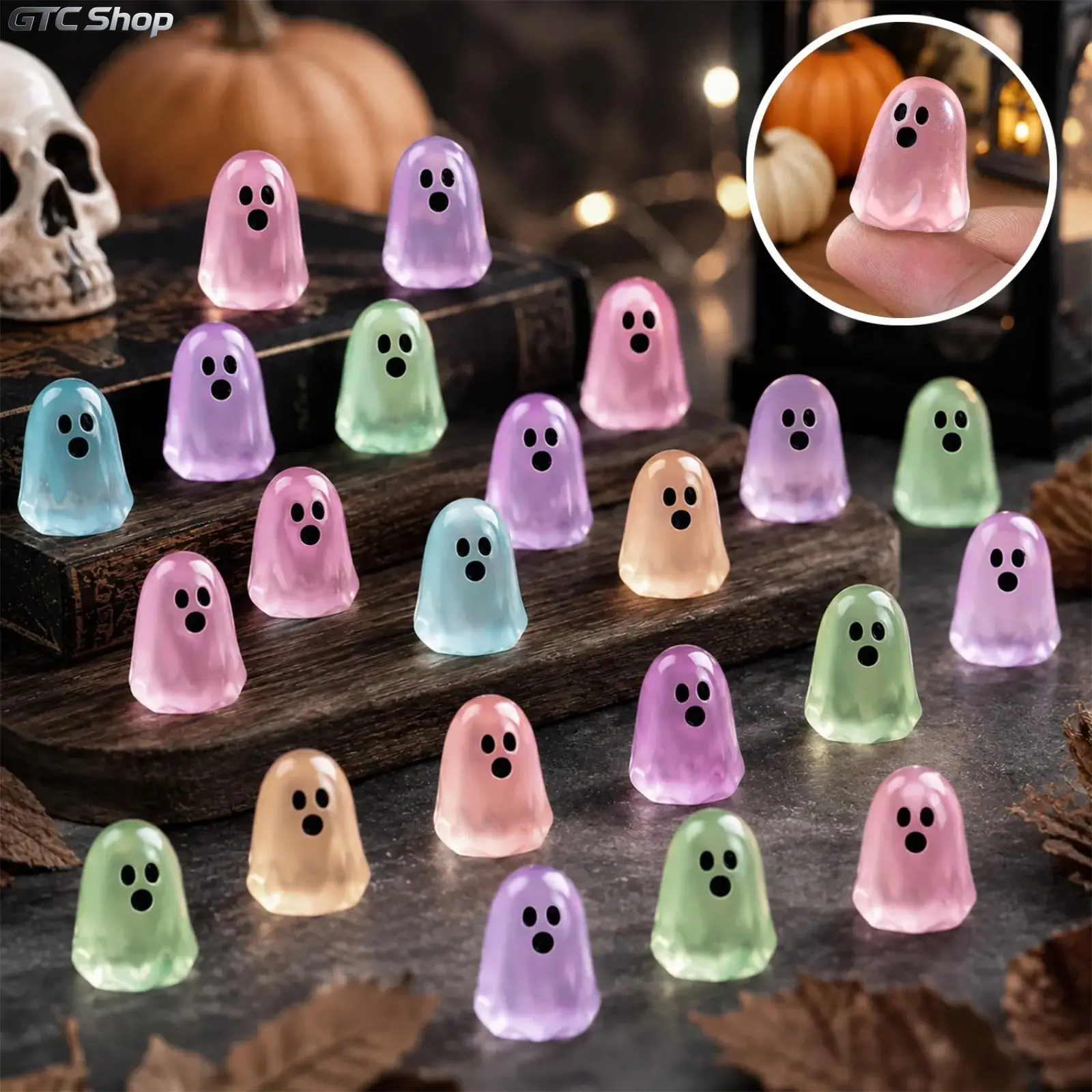 60 Pack Glow In The Dark Mini Resin Ghost Figurines, Spooky Cute Miniature Halloween Ornament Set, Tiny Decor Accents for Dollhouse Mini Toys, Fall Home Table Decor, Halloween Party Favors & Holiday Gift Supplies