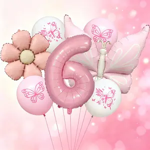 9-Piece Butterfly Theme Aluminum Foil Balloons Set, 32-Inch Number Balloons, Party Decor for Girls Birthday, Garden Tea, Outdoor Picnic