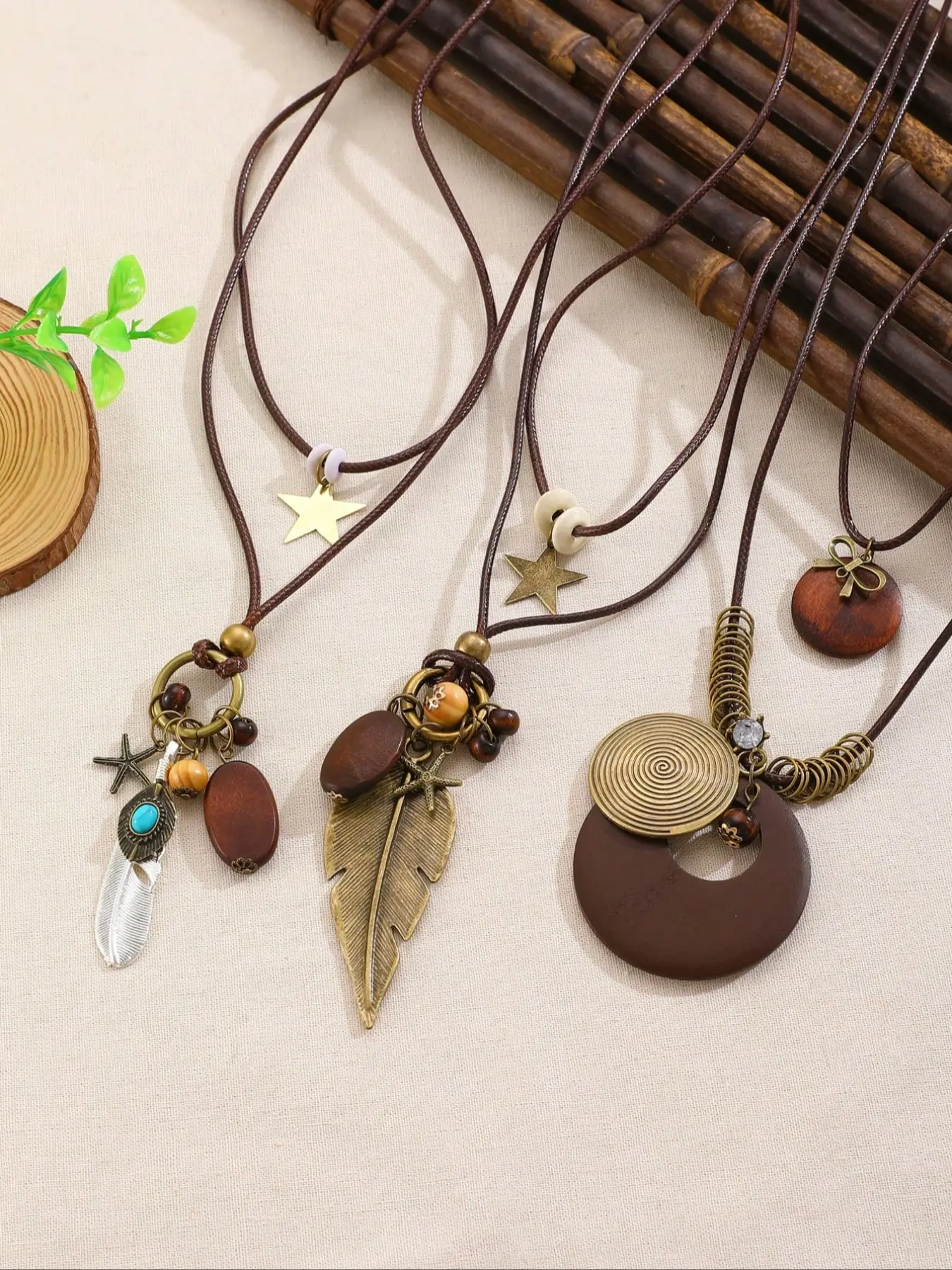 3 Piece Boho Zen Layered Feather Wooden Pendant Leather Cord Necklace Set, Costume Jewelry Necklace, Vintage Ethnic Jewelry Necklaces for Women Daily Casual Birthday Gifts Sweater Chain Stacking