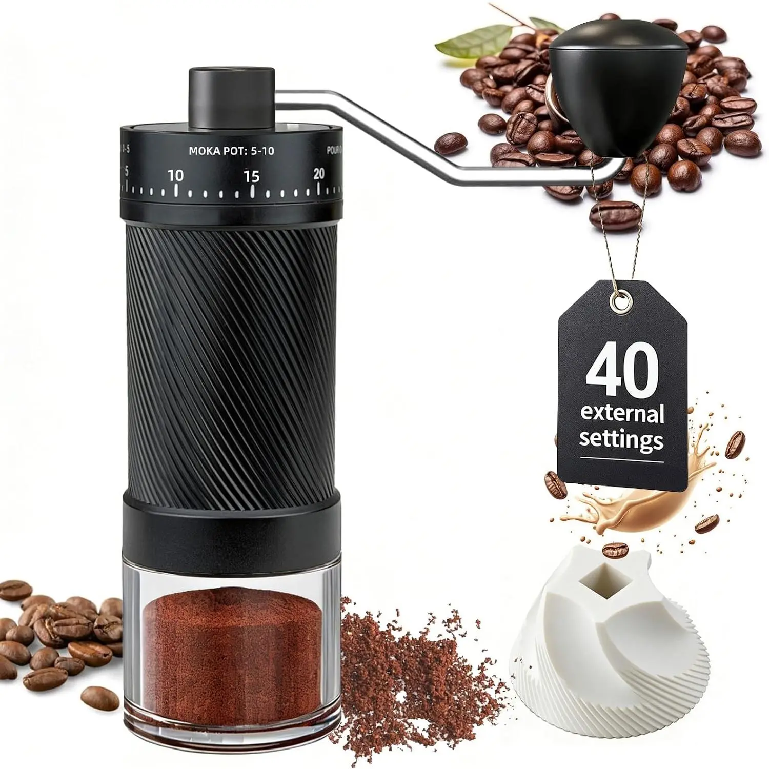 Manual Coffee  with 40 External Adjustable Settings, Ceramic Conical Burr, Non-Slip Hand Coffee , Portable Coffee Mill for Espresso, Pour Over,  Press, Camping