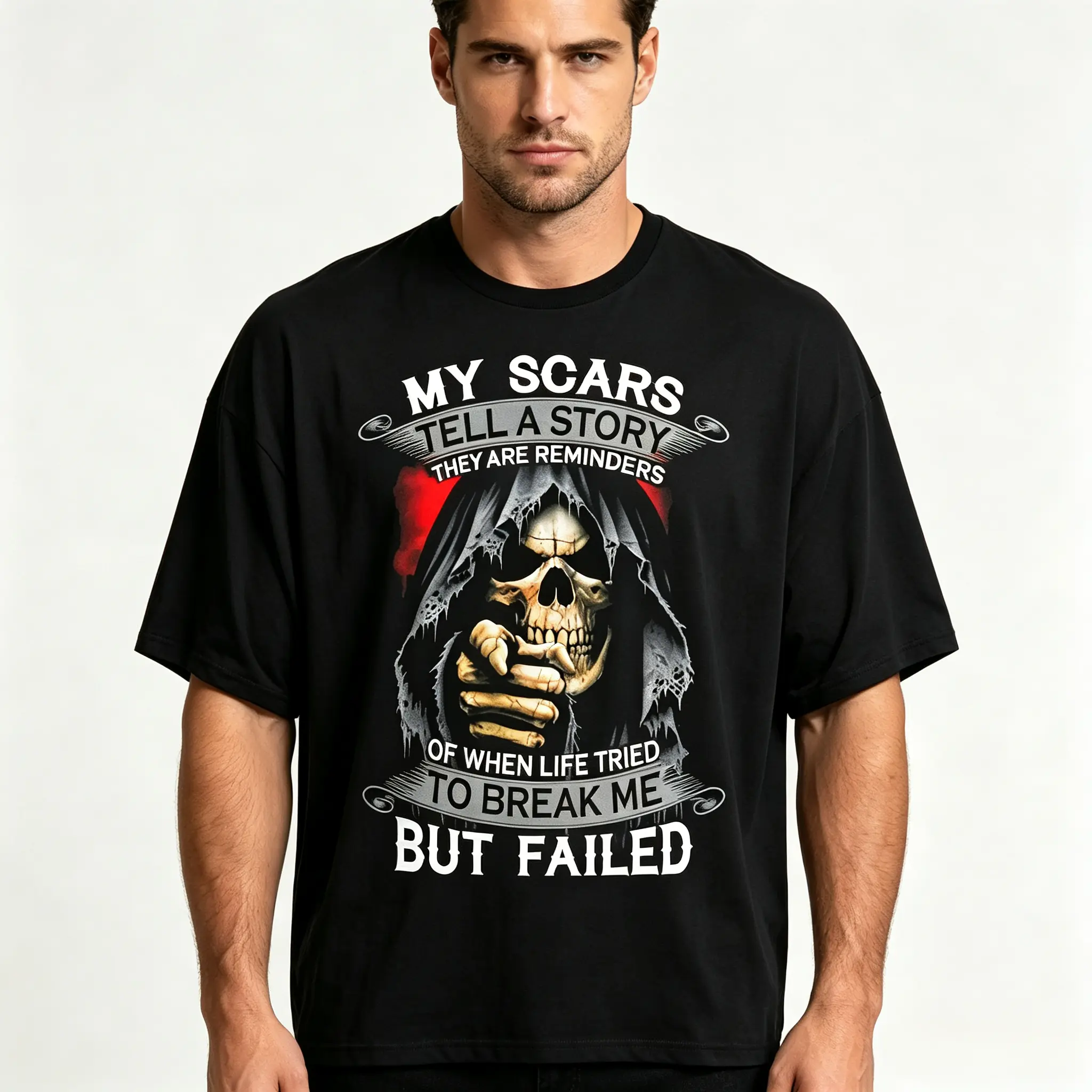 Vintage Grim Reaper Skull T Shirt ,My Scars Tell A Story Inspirational Graphic Tee ,Horror Skull Tee,Gothic Streetwear Casual Cotton Short Sleeve Shirt