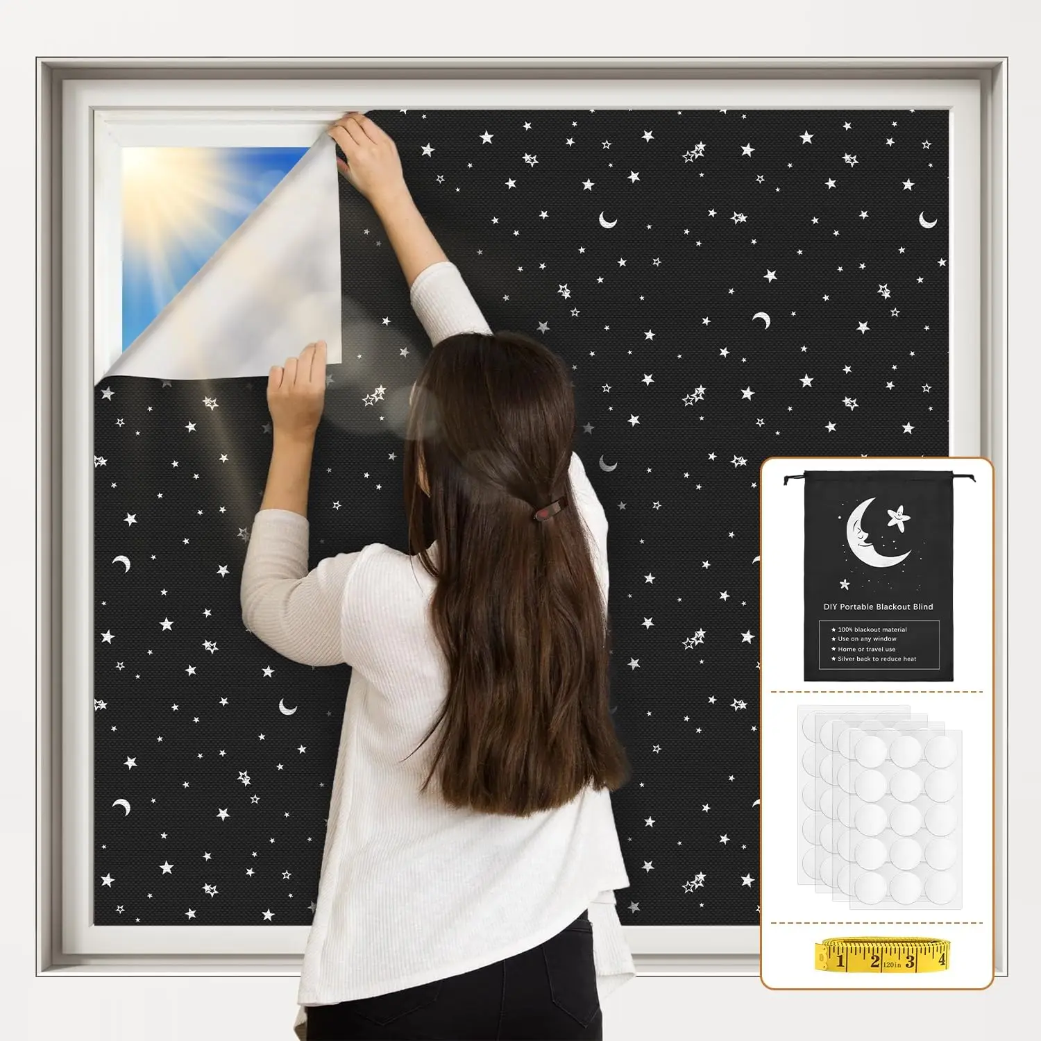 Blackout Curtains for Bedroom (118"x57"), Portable Window Cover with Adhesive Tabs, No Drill Blackout Blinds for , Dorm, Media Room, Office, Black &