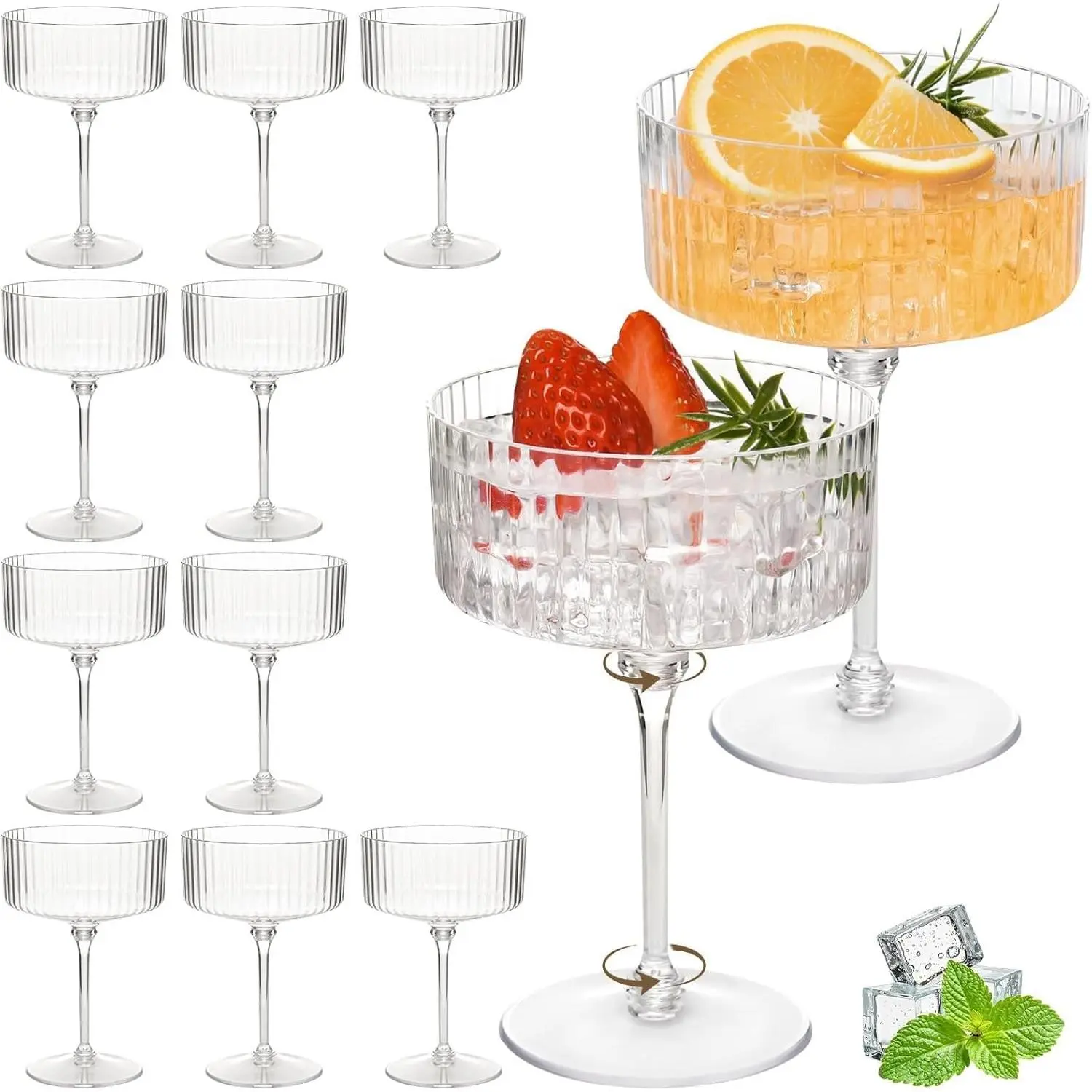 Set of 12 Plastic Martini Glasses, 10 oz Ribbed Coupe Glasses for Cocktails and Martinis, Disposable Espresso Martini Glasses. Ideal for Parties, Weddings, and Home Bars, Crystal Vintage Cups (Clear)