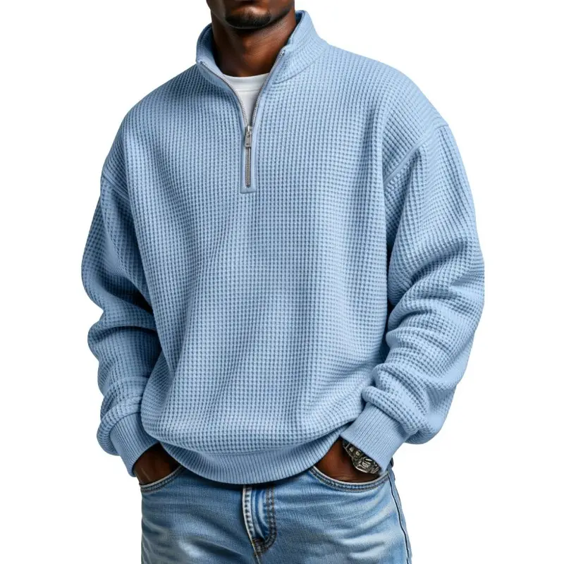 Men's Waffle Knit Quarter Zipper Pullover Hoodie Loose Fit Long Sleeve Casual Top Essential Men's Clothing Comfortable Autumn Winter Layer Suitable For Daily Sports Streetwear Relaxed Half Zip Stand Collar Pullover Outfit For Men