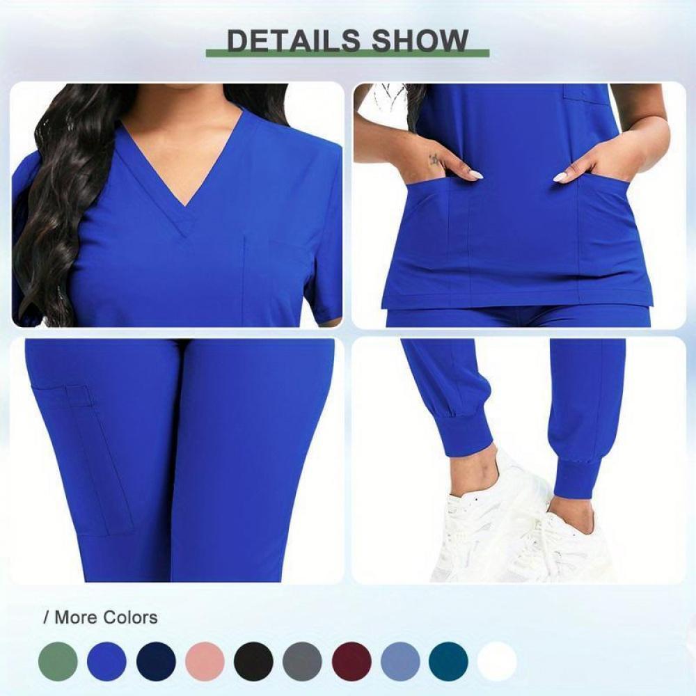 Set Women'S Polyester Scrubs, Fitted Nurse Uniform With Patch Pocket, Woven Work Clothes For Beauty SPA, Veterinary Dentistry - High-Quality Professional Apparel, Nurse Accessories For Work(Gift)