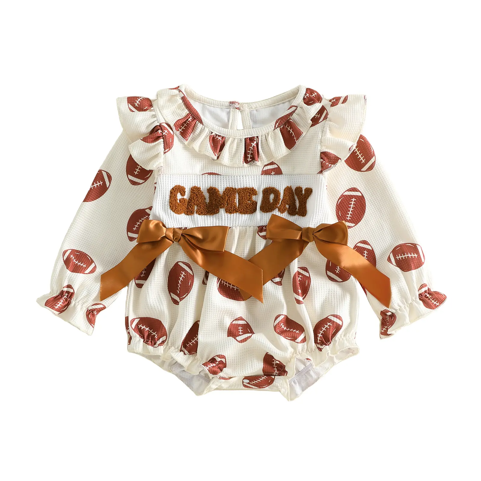 Babamoon Newborn Infant Baby Girl Football Romper Game Day Embroidery Long Sleeve Jumpsuit Rugby Onesie Bodysuit