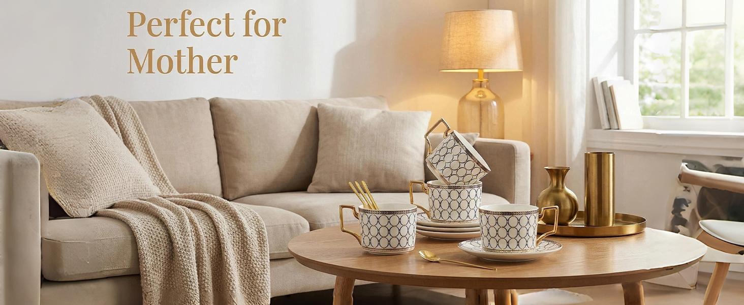 CwlwGO-European style cup and saucer set, 7 oz (about 198.4 grams) bone china exquisite glazed platinum tea cup and saucer (two sets), golden spoon, mug, cappuccino, latte, MOCHA, elegant female suit.