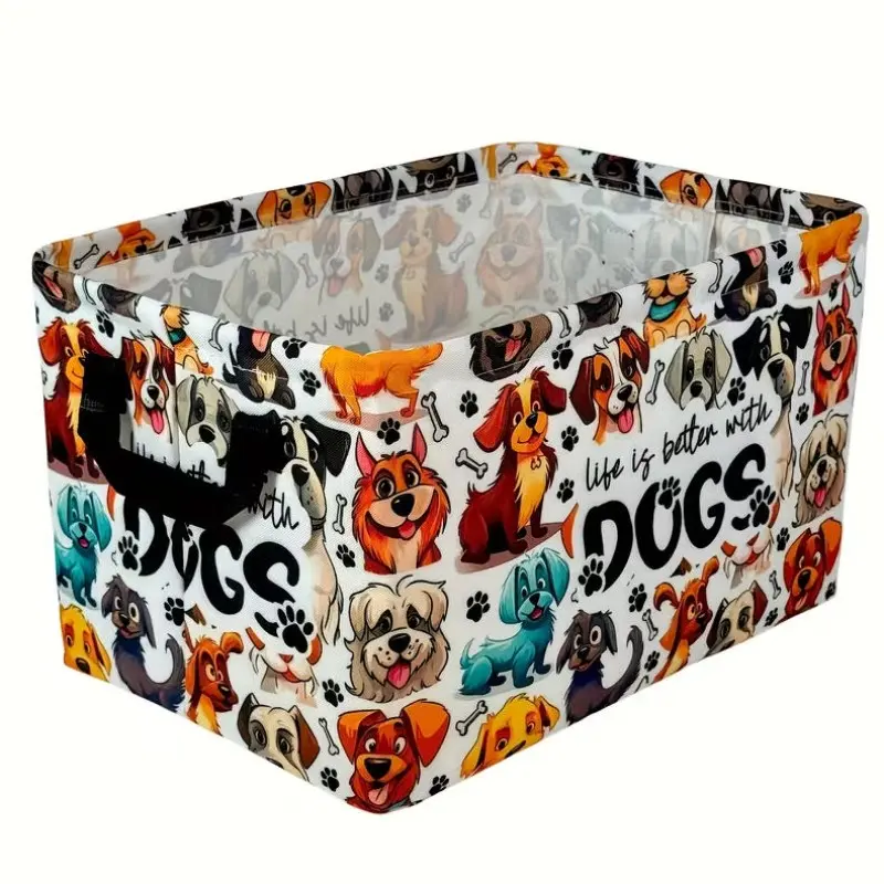 Cute Cartoon Dogs Paw Print Shelf Basket, Collapsible Storage Bin with Handles, Pet Lover Organizer for Room, Pet Toy Holder