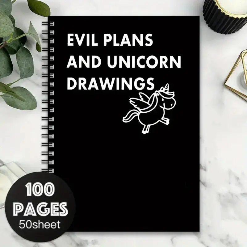 Humorous Spiral Coil Notebook Diary, Evil Plan & Unicorn Satirical Cover, Pages & Illustrations, Perfect Gift for Friends, Journal Notebook