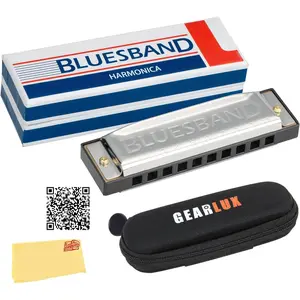 Blues Band Harmonica - Key of C Bundle with Case, Pouch,  Manual, and  Bazaar Polishing Cloth